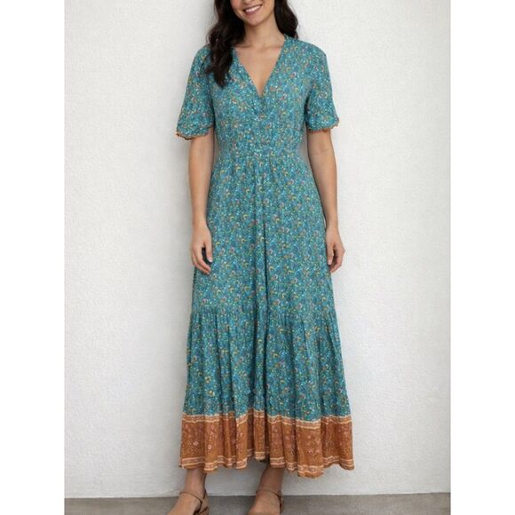 Amazon Dresses & Skirts - Cottagecore Boho Prairie style maxi dress floral print blue orange size small